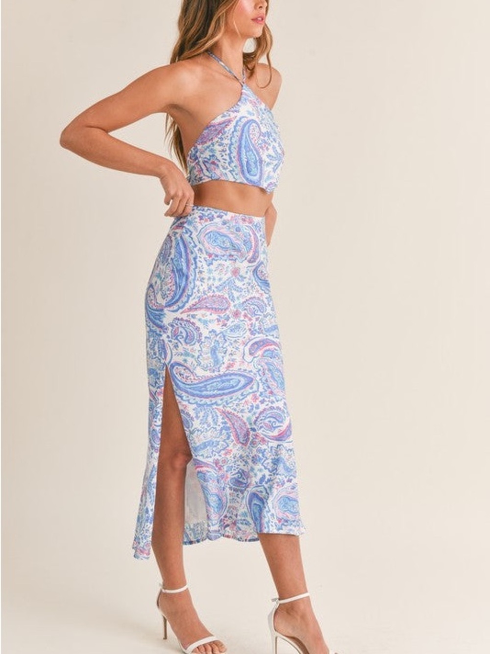 Mable High-Rise Paisley Midaxi Skirt in Light Blue with matchy top size small - Picture 4 of 16